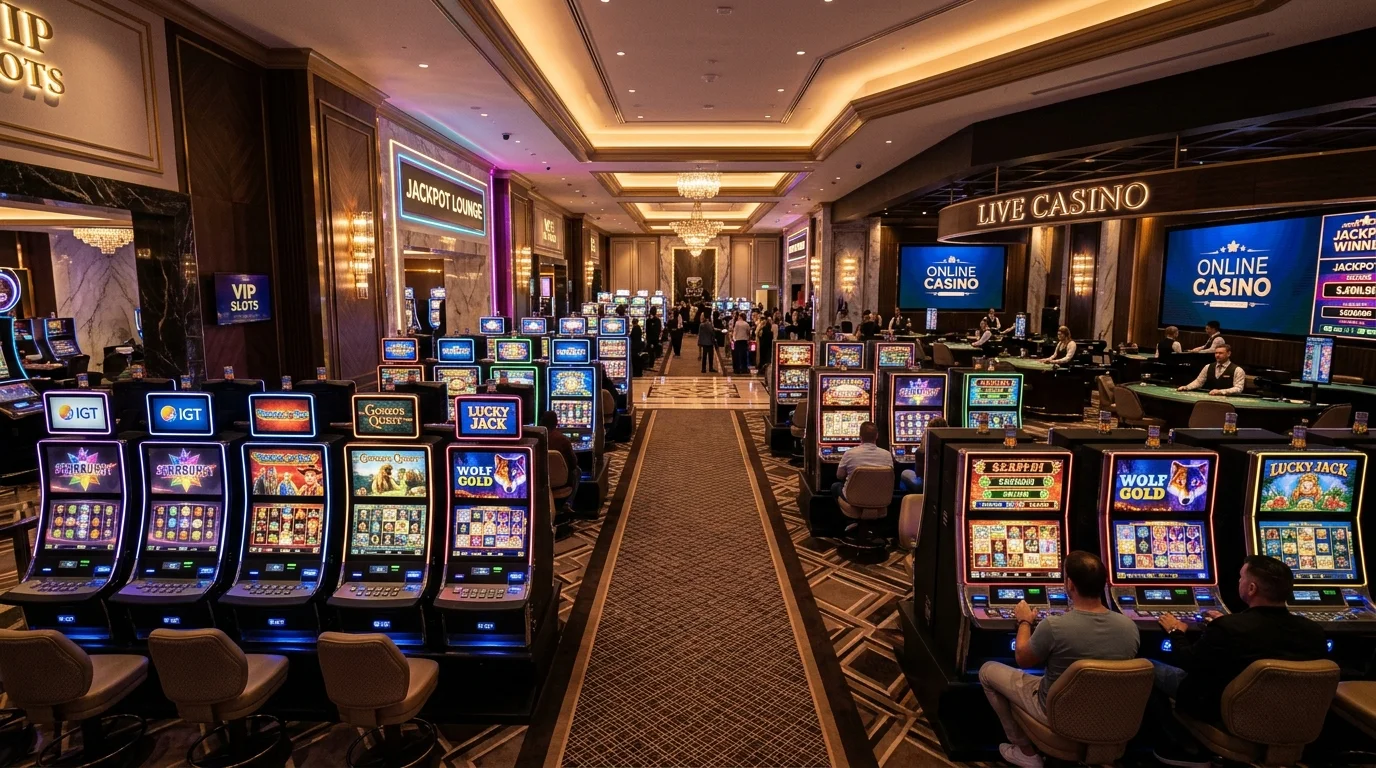Lobby kasino online modern dengan mesin slot berwarna-warni
