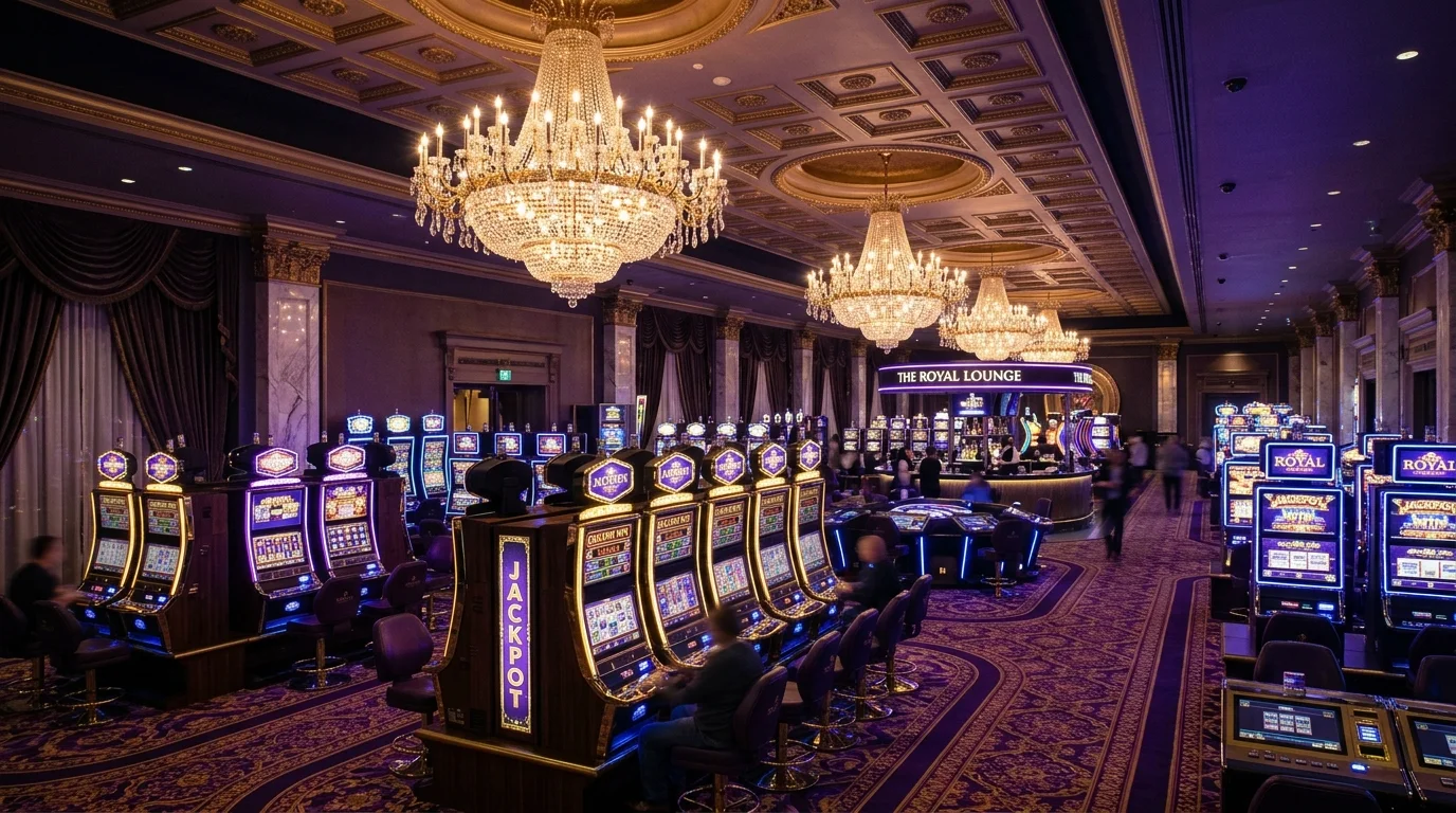 Kasino online mewah dela77 dengan mesin slot emas dan lampu ungu kerajaan