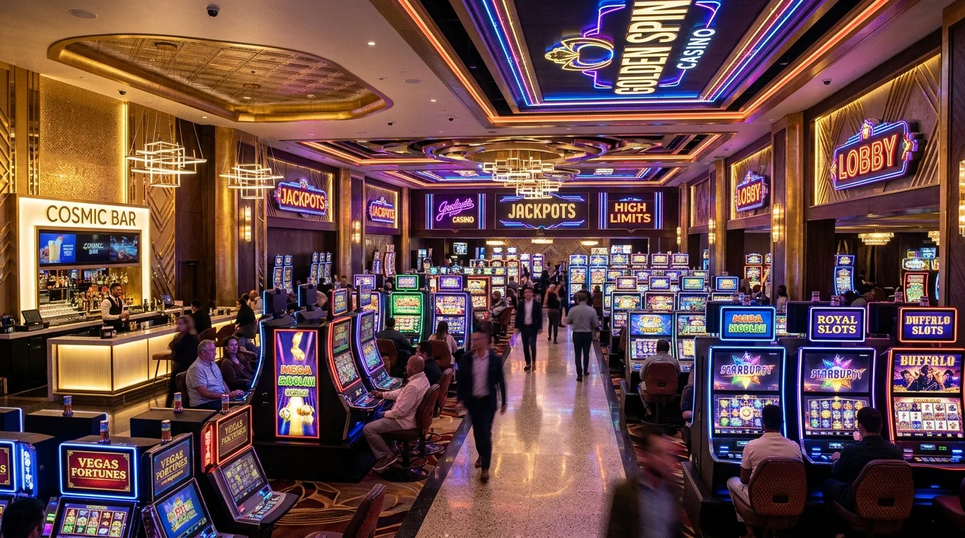 Lobi kasino online modern dengan mesin slot berwarna-warni dan cahaya neon