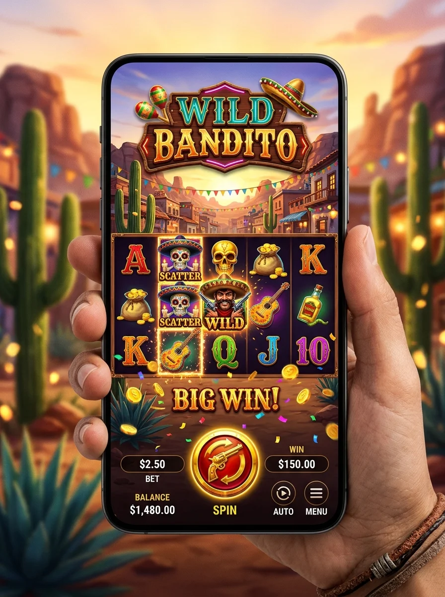 Permainan slot Wild Bandito dengan tema Meksiko, kaktus dan sombrero
