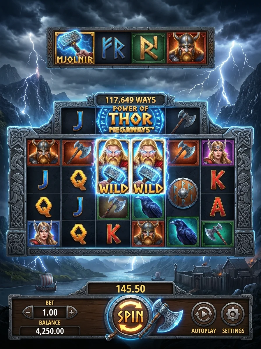 Permainan slot Power of Thor dengan tema mitologi Nordik dan petir