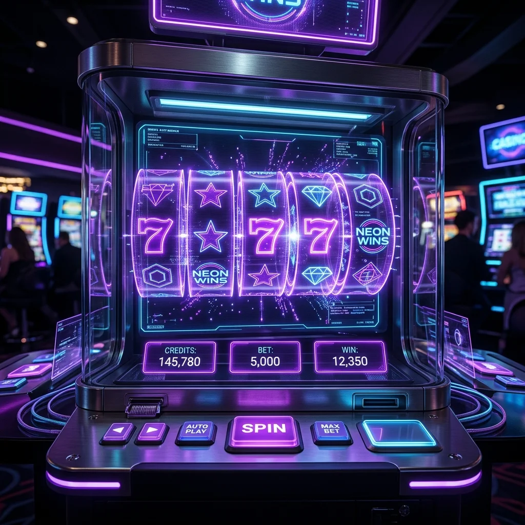 Produk MicroGaming dengan panel holografik neon
