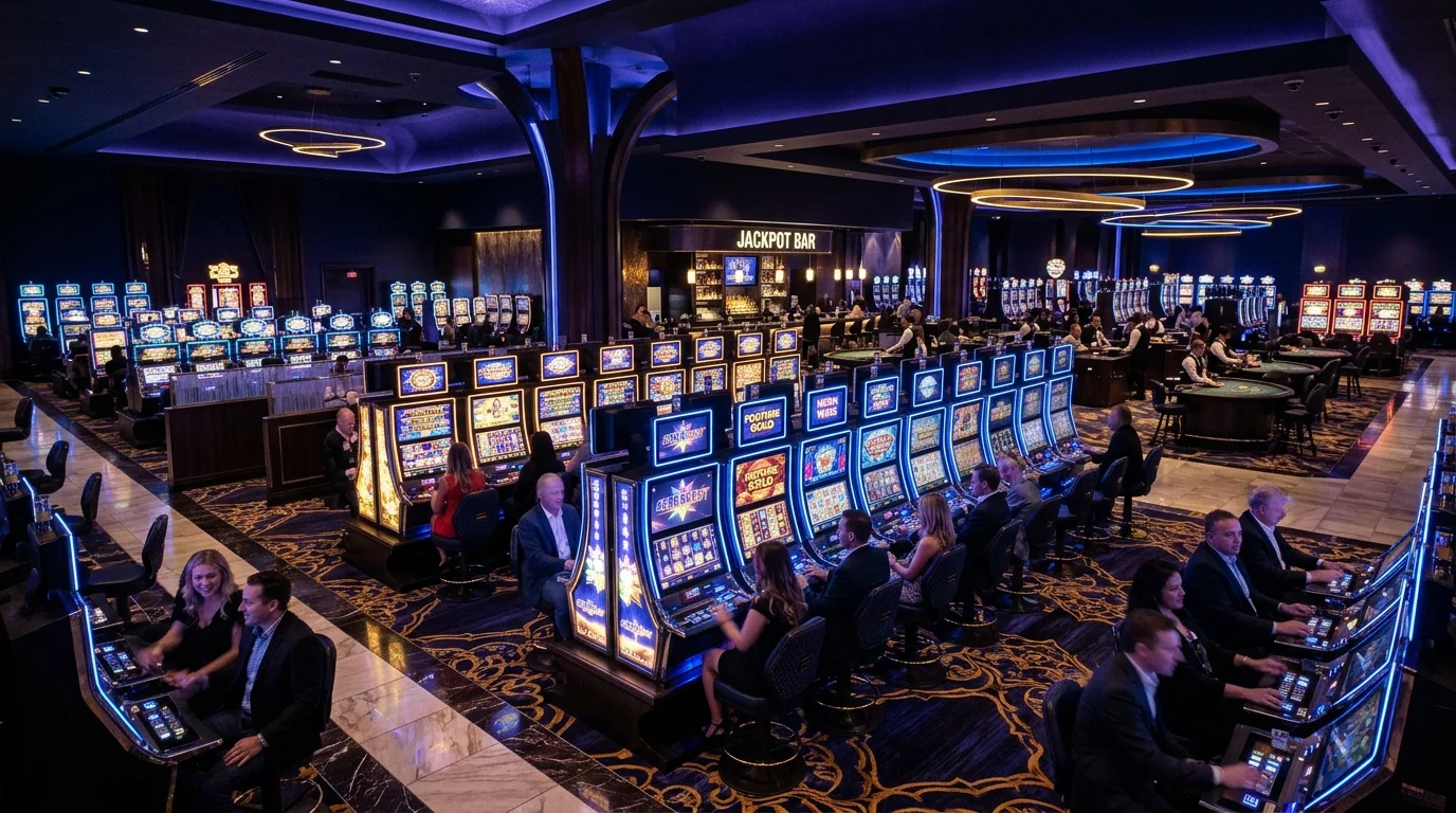 Suasana kasino premium holiday88 dengan mesin slot bercahaya neon