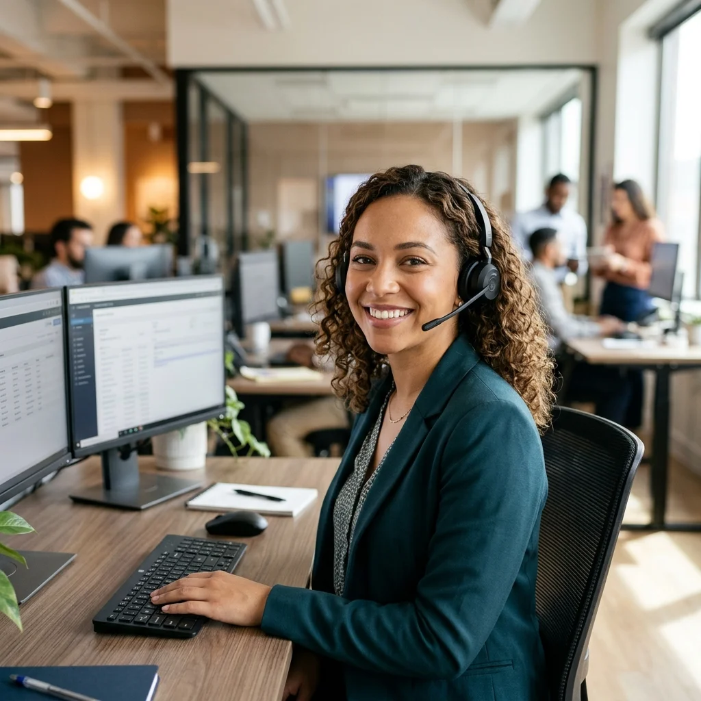 Customer service ramah dengan headset tersenyum profesional