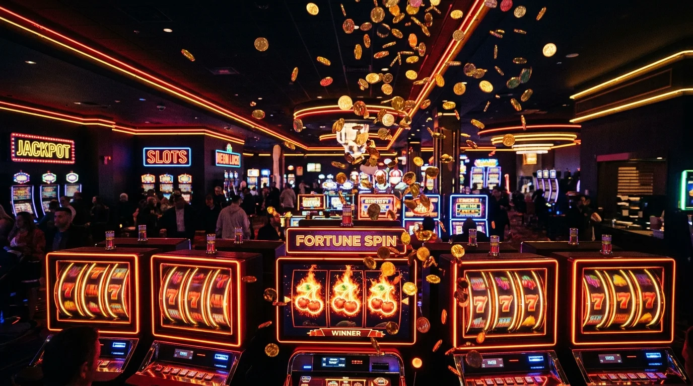 Suasana kasino modern dengan mesin slot menyala dan koin emas berjatuhan