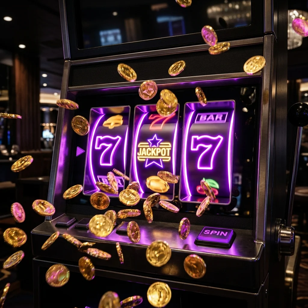 Produk Slot88 dengan nuansa neon ungu dan koin emas