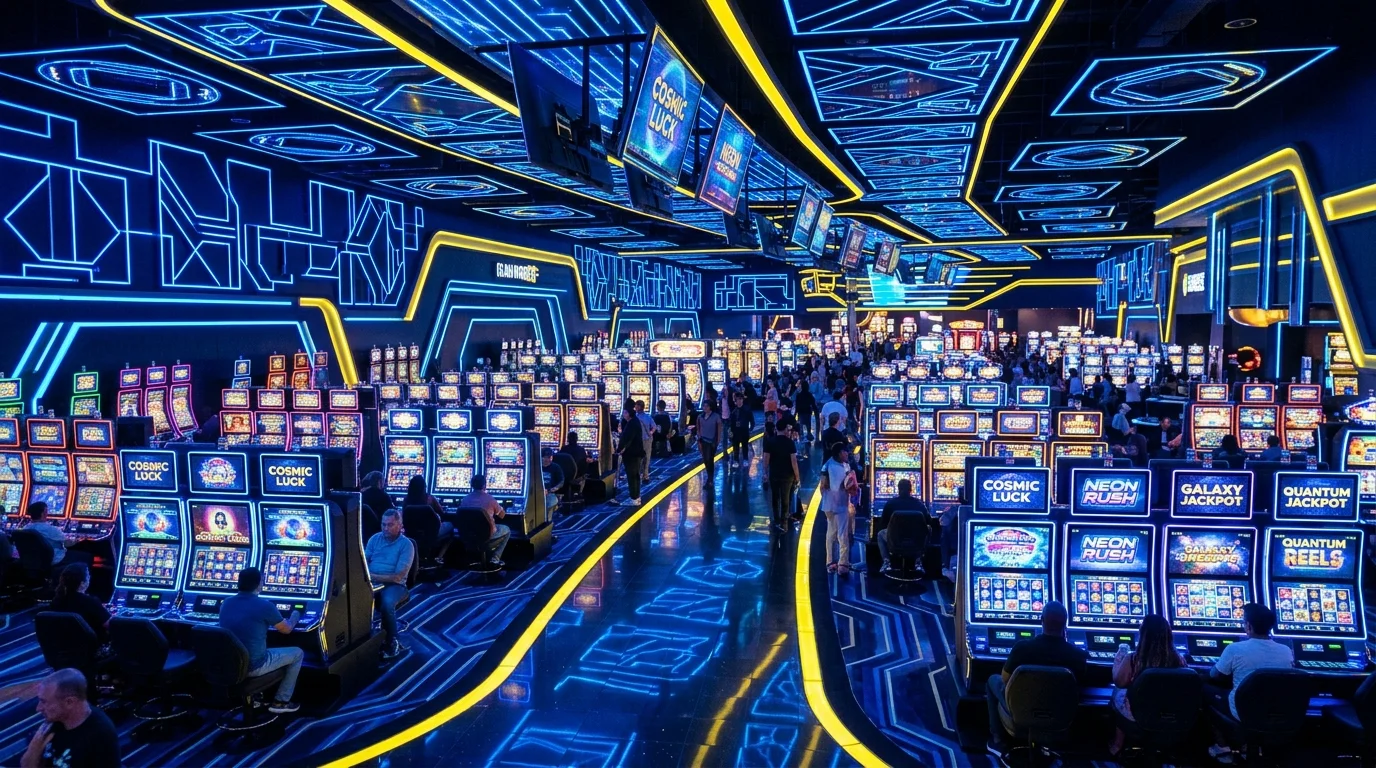 Suasana futuristik mesin slot online di MIKASA189 dengan lampu neon biru dan kuning