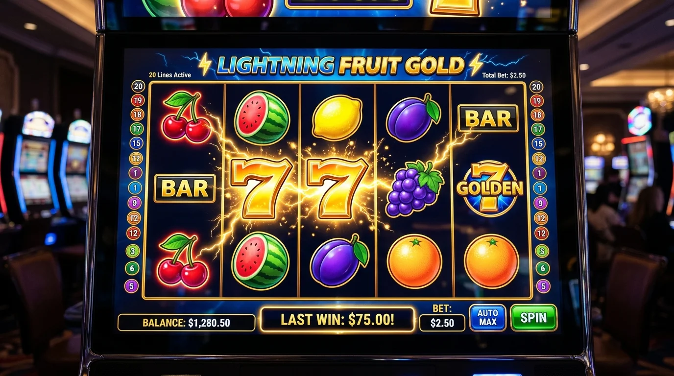 Tampilan mesin slot modern dengan gulungan berwarna-warni