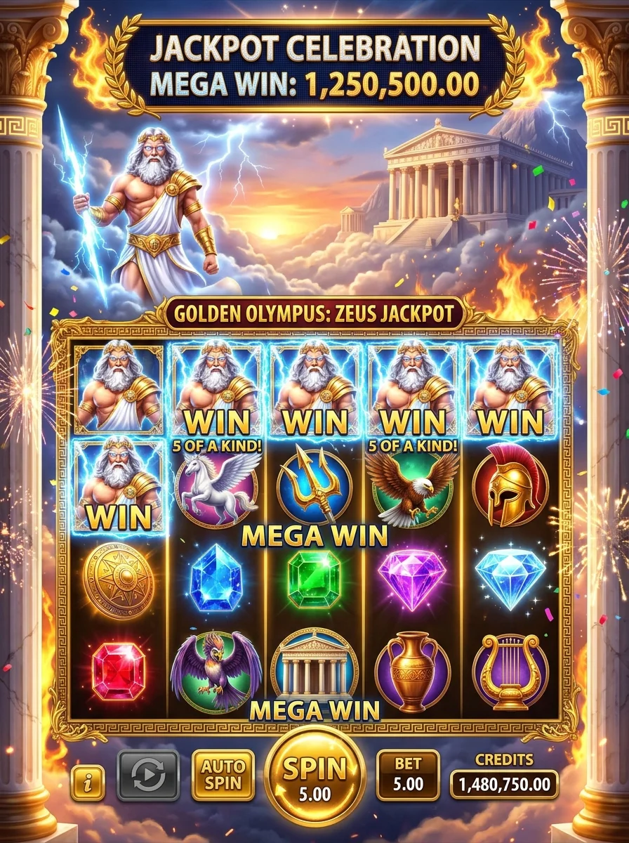 Layar permainan slot Gates of Olympus dengan simbol dewa Zeus dan permata berkilau