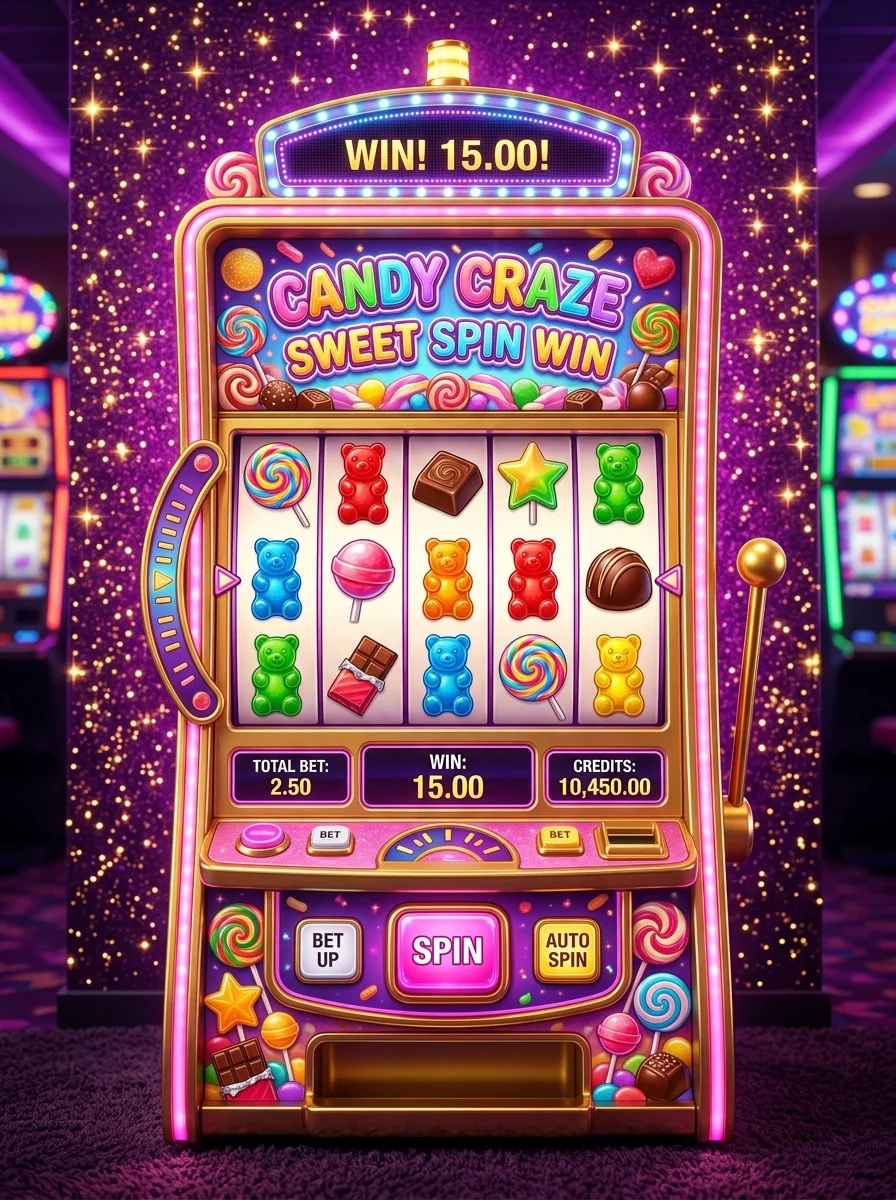 Mesin slot bertema permen manis dengan warna cerah dan latar ungu berkilau emas