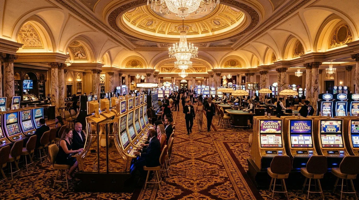 Suasana kasino mewah dengan mesin slot emas