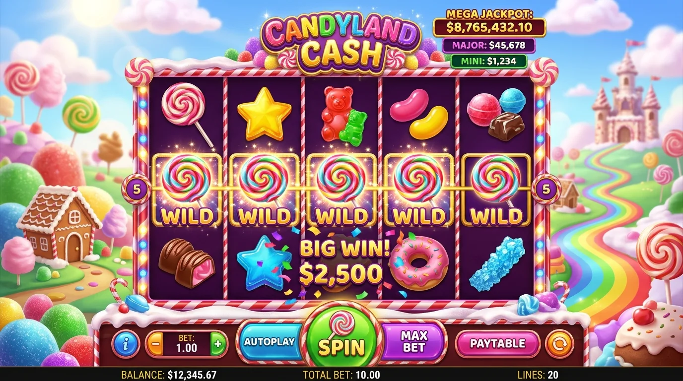 Game slot bertema permen dengan desain ceria penuh warna