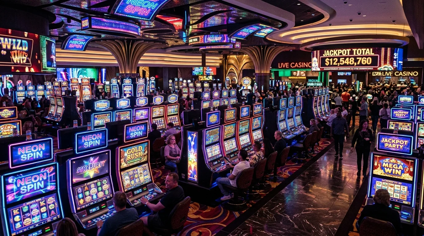 Lobi kasino slot online jdm88 yang mewah dengan mesin slot berwarna-warni