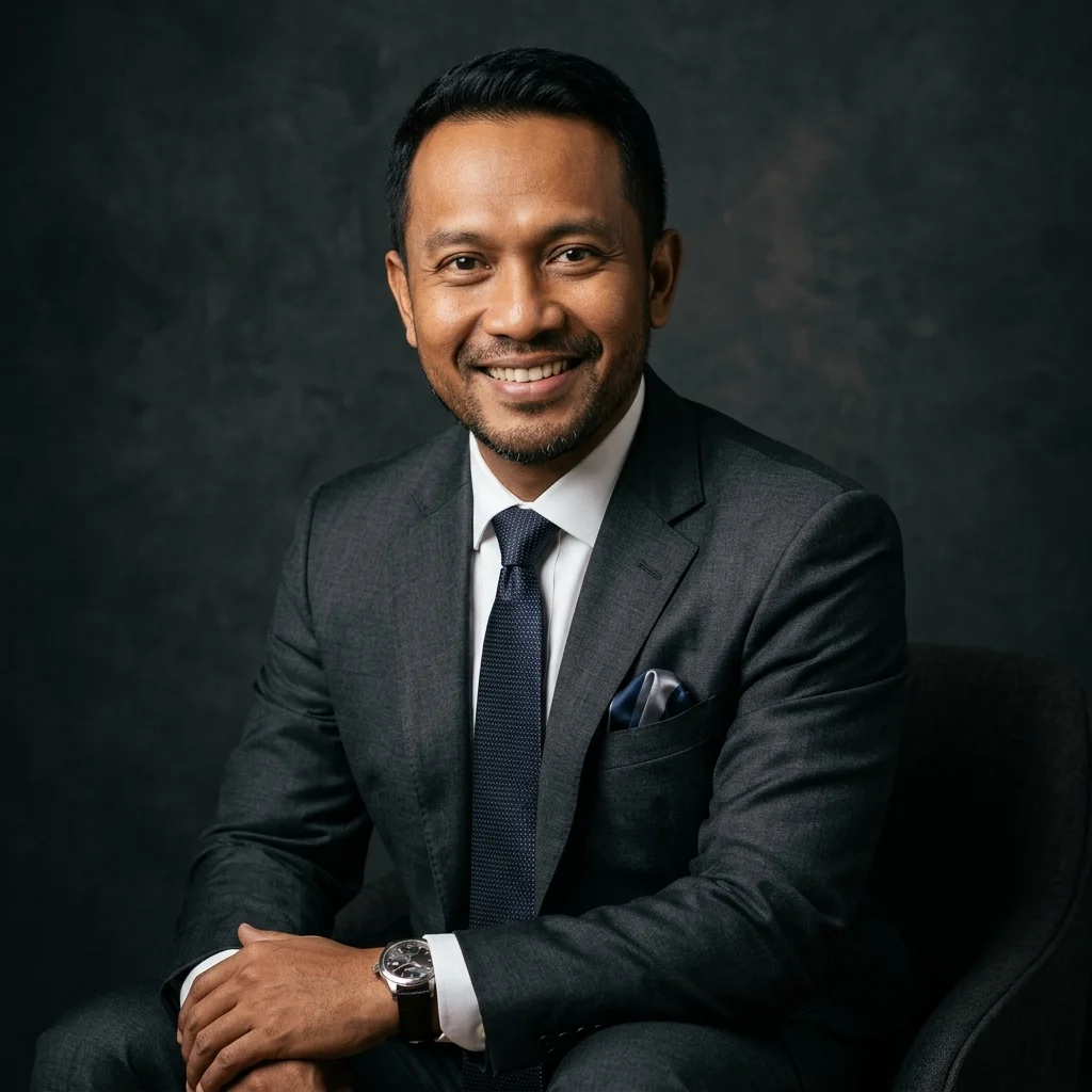 Foto profesional pria Indonesia dengan jas charcoal, senyum percaya diri