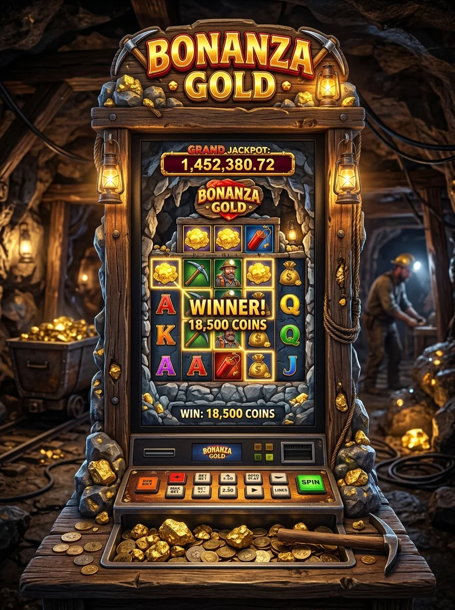 Permainan slot Bonanza Gold dengan tema tambang emas dan harta karun