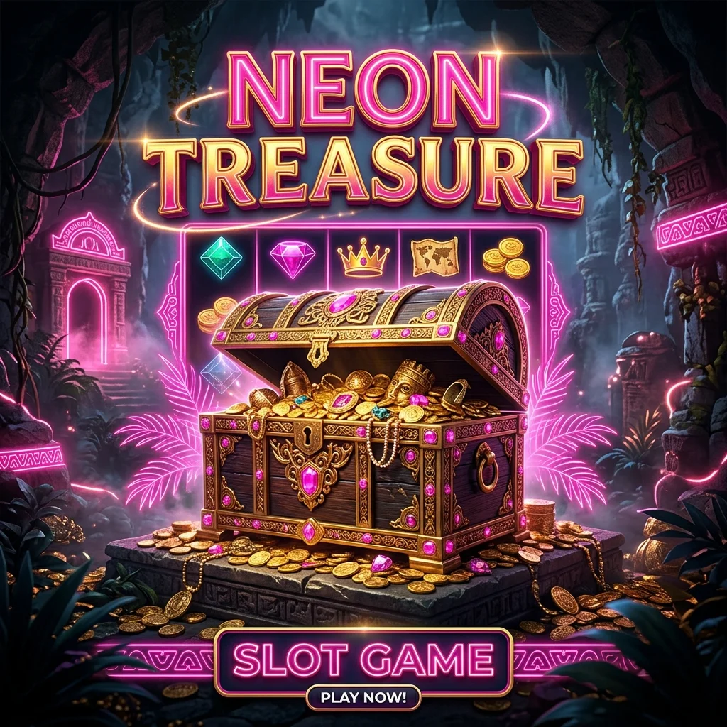 Produk MicroGaming dengan peti harta dan aksen neon pink