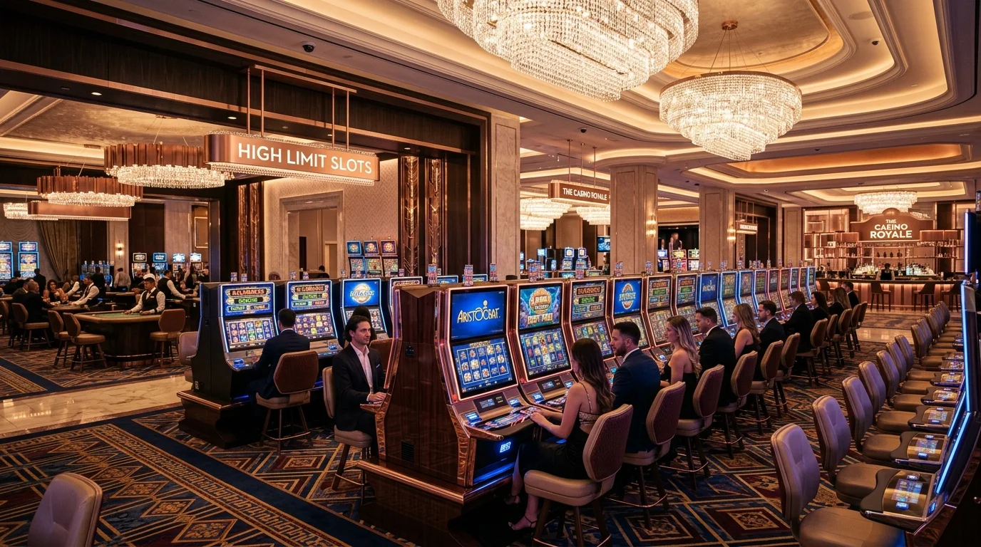 Interior kasino modern yang mewah dengan mesin slot premium dan pencahayaan emas hangat