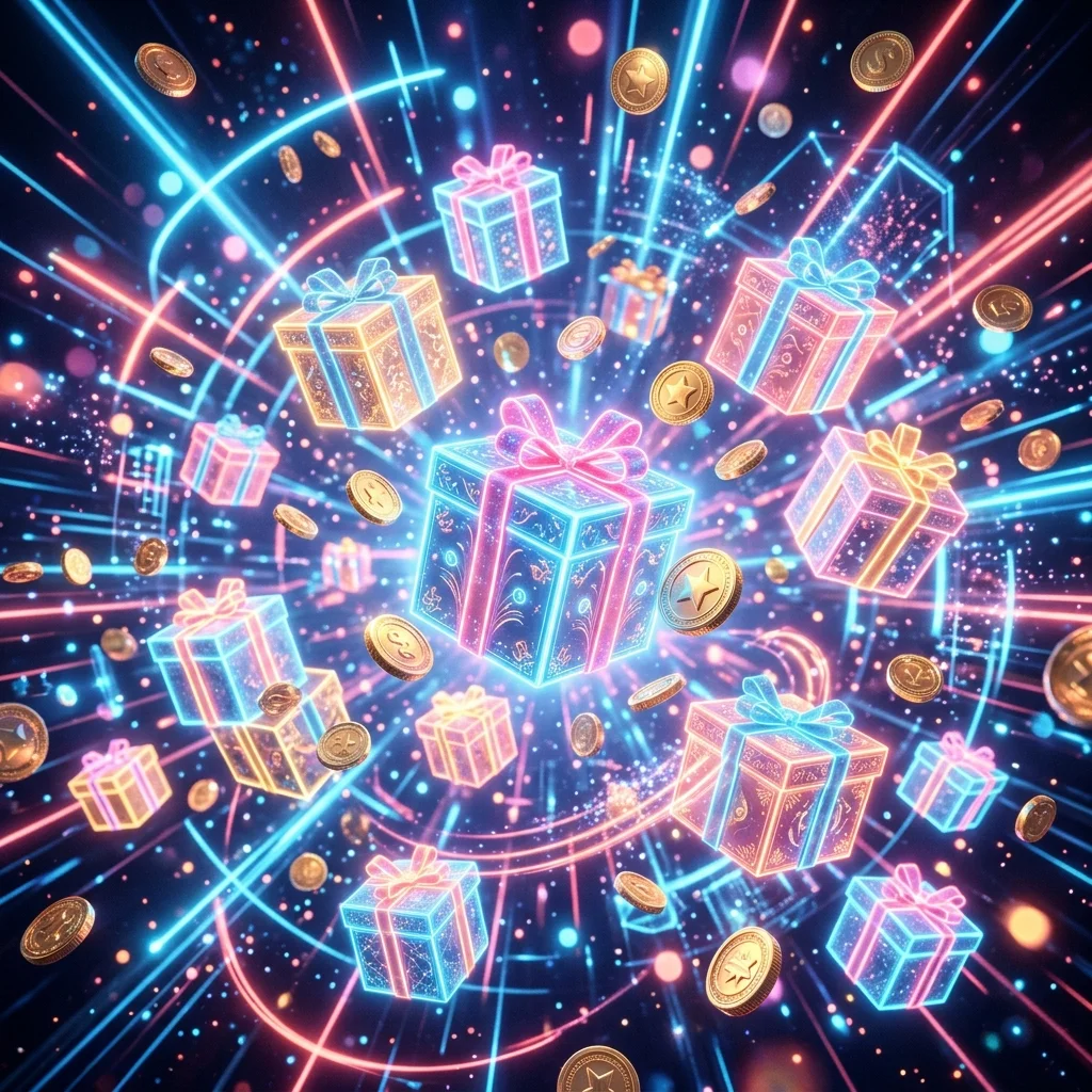 Hadiah dan koin emas bercahaya dalam ruang digital