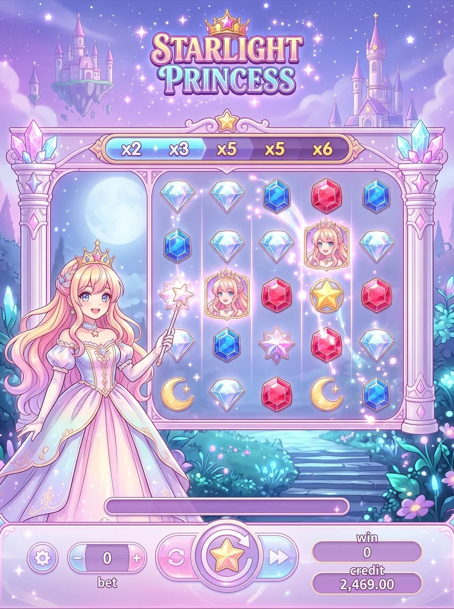 Permainan slot Starlight Princess bergaya anime dengan permata ungu dan pink