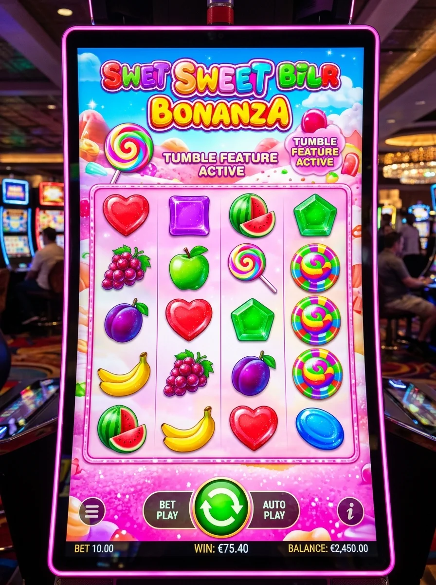 Permainan slot Sweet Bonanza dengan simbol permen dan buah berwarna-warni
