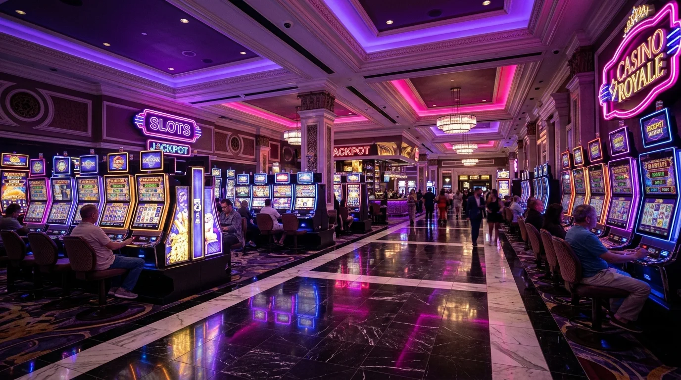 Suasana kasino mewah dengan mesin slot bercahaya ungu dan aksen neon pink