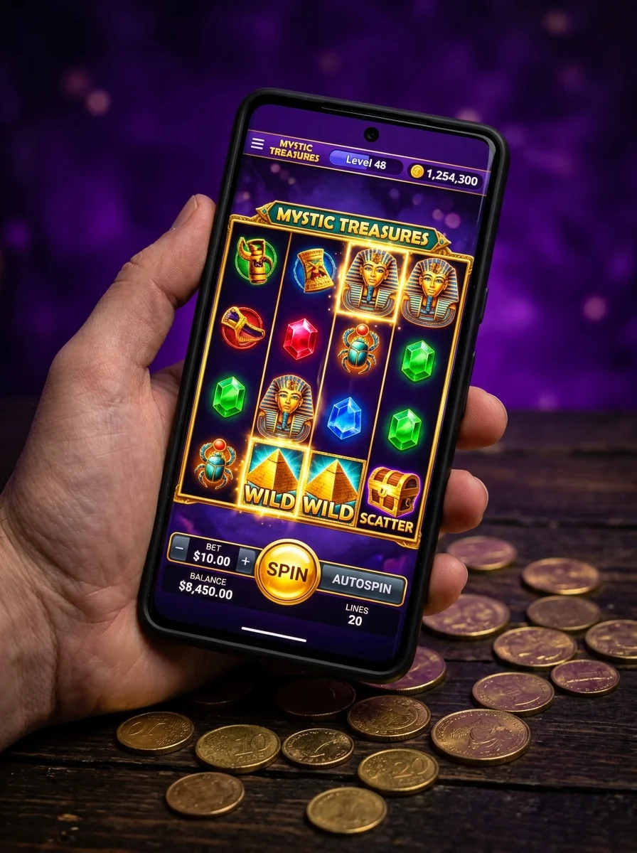 Tampilan permainan slot takeru365 di smartphone dengan koin emas