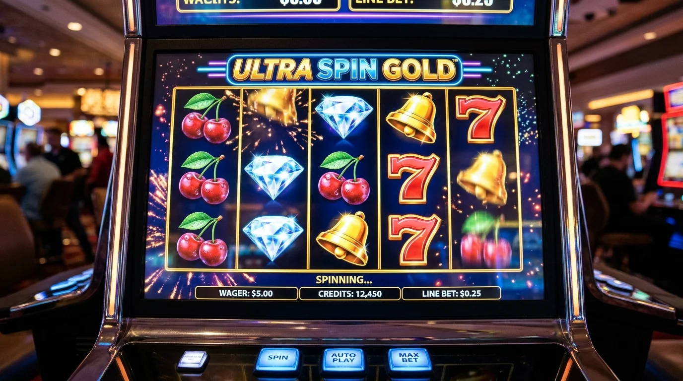 Layar mesin slot modern dengan simbol buah dan angka tujuh