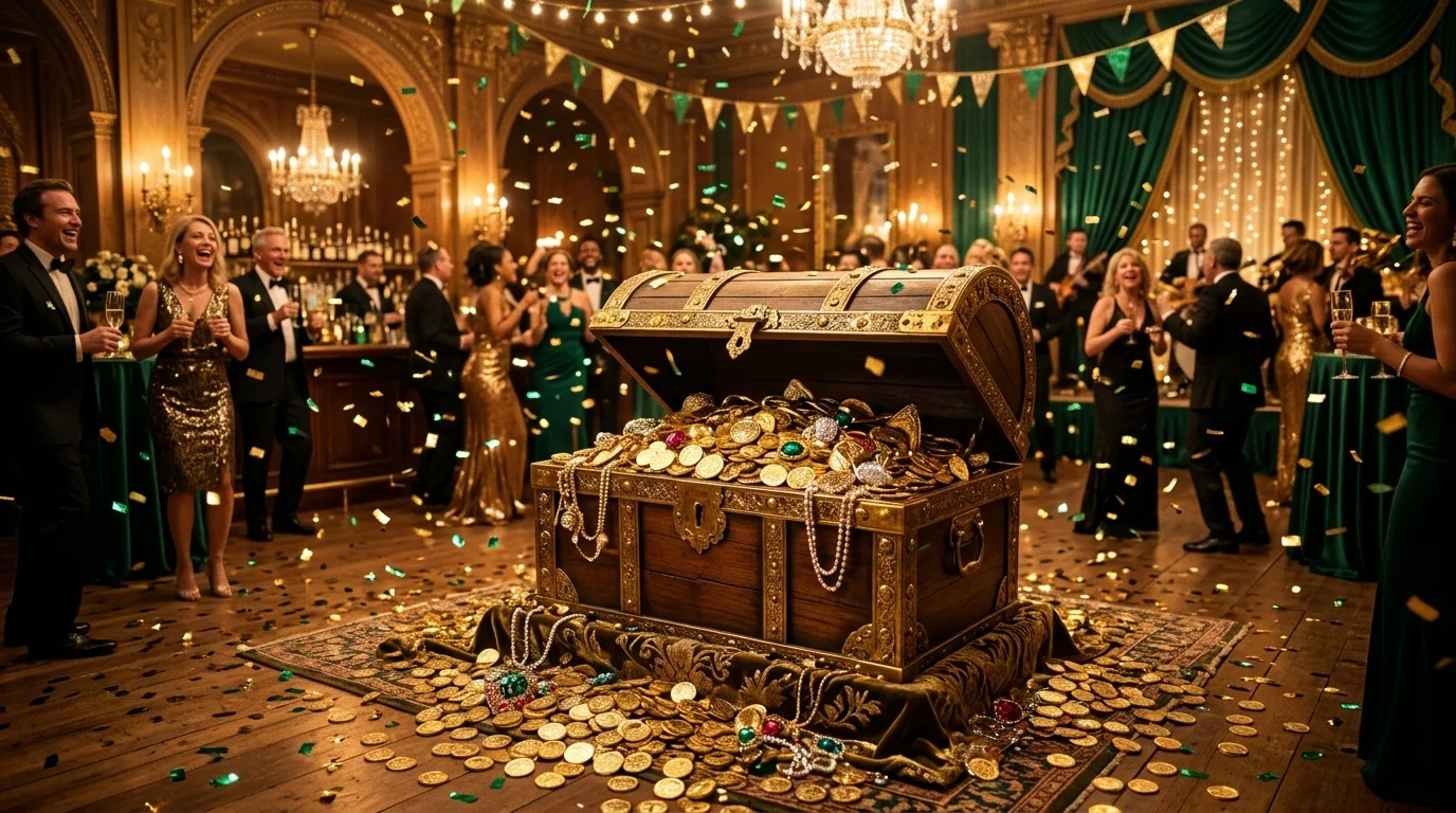 Koin emas dan peti harta karun penuh dengan kilauan kemewahan dan confetti perayaan