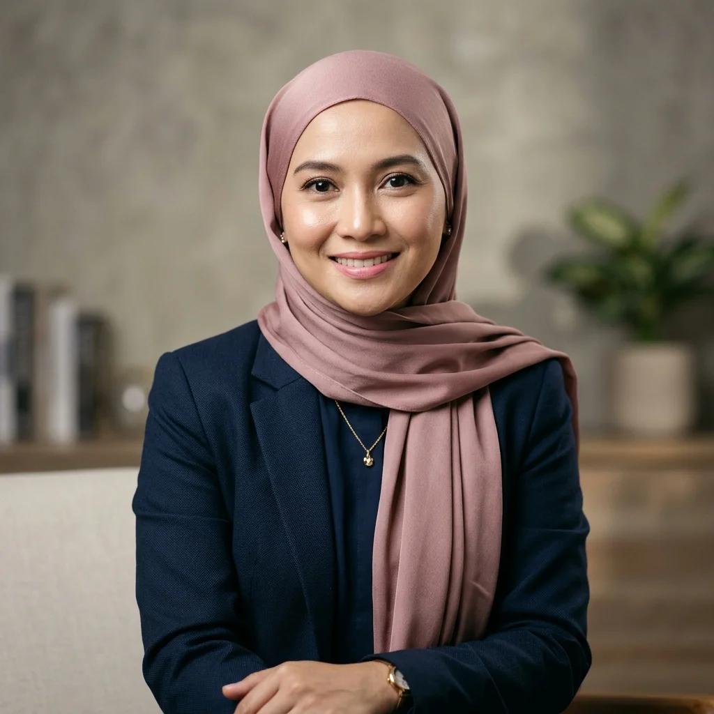 Foto testimonI pemain wanita Indonesia berhijab tersenyum