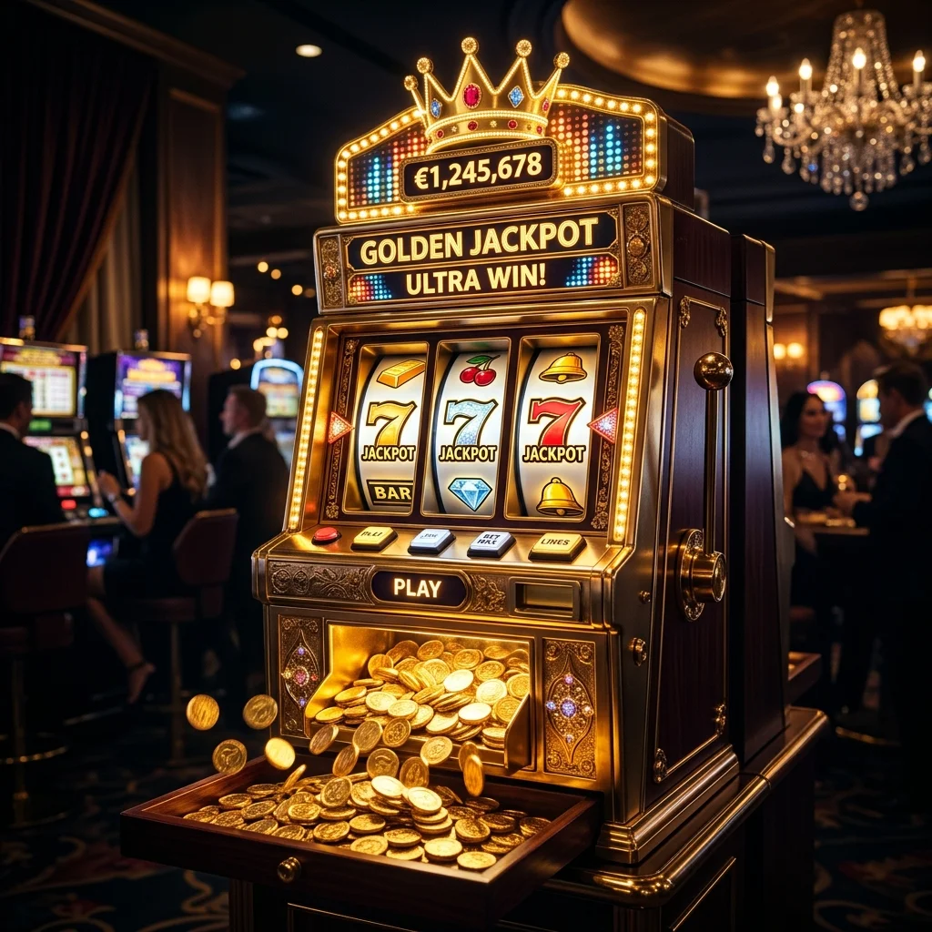 Mesin slot mewah dengan simbol jackpot bercahaya emas