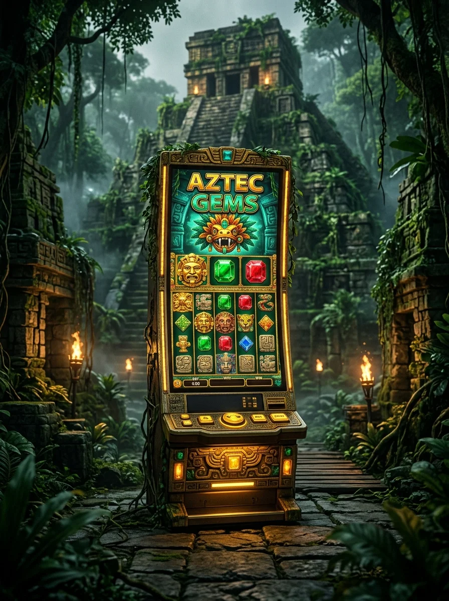 Permainan slot Aztec Gems dengan tema reruntuhan kuno dan artefak emas
