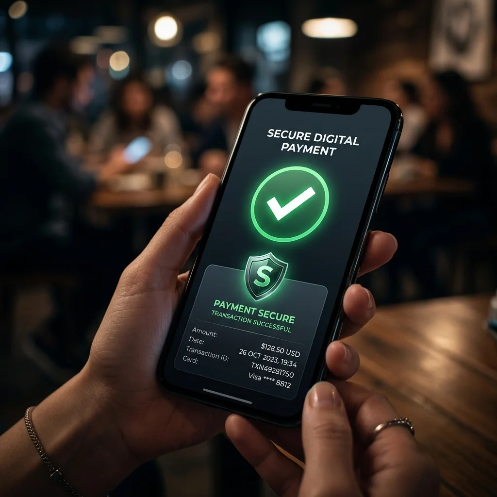 Transaksi pembayaran digital yang aman dengan centang hijau