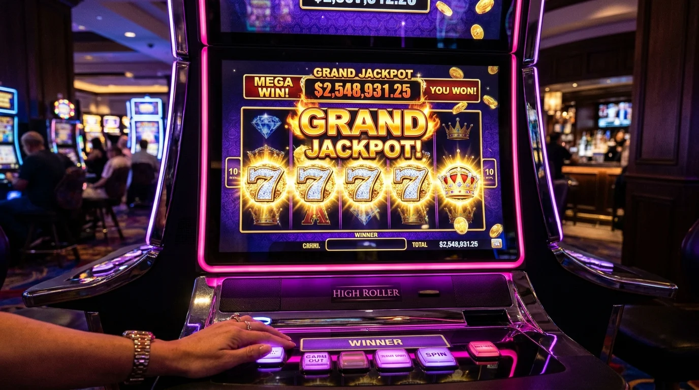 Mesin slot premium dengan simbol jackpot emas bercahaya