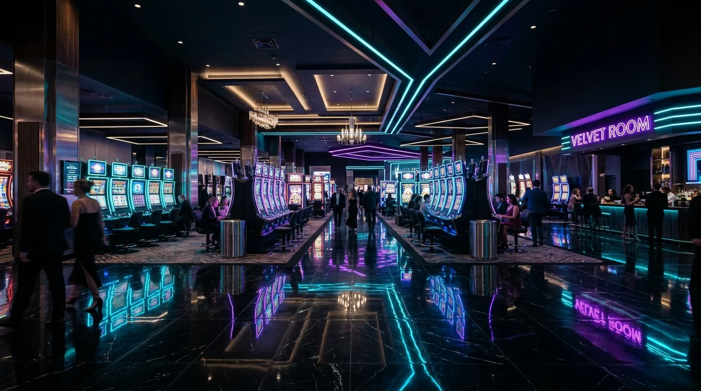 Kasino online modern dengan mesin slot berkilau neon