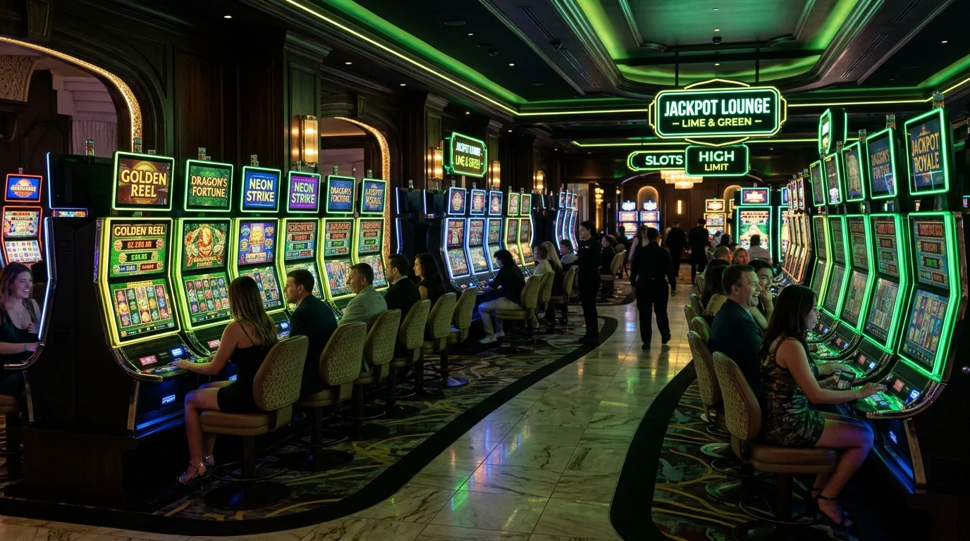 Suasana kasino dengan mesin slot bercahaya