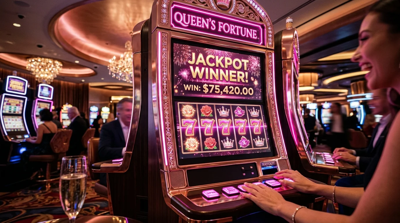 Mesin slot mewah dengan detail rose gold dan simbol menang bercahaya