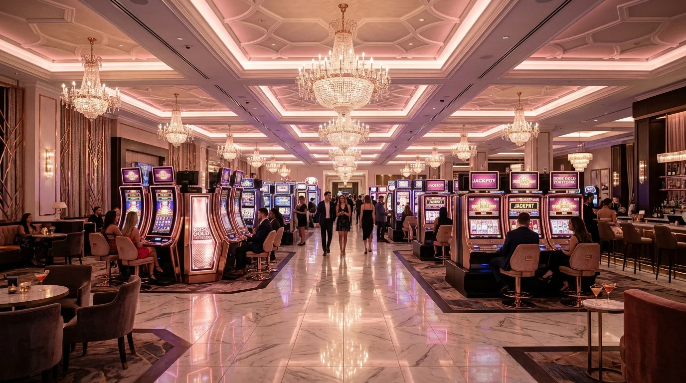Lobby kasino mewah laura77 dengan mesin slot rose gold dan pencahayaan elegan