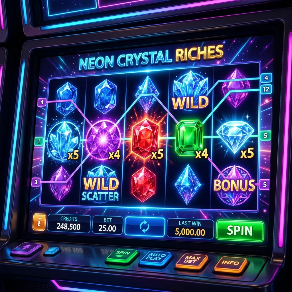 Game slot modern dengan simbol kristal neon yang cerah