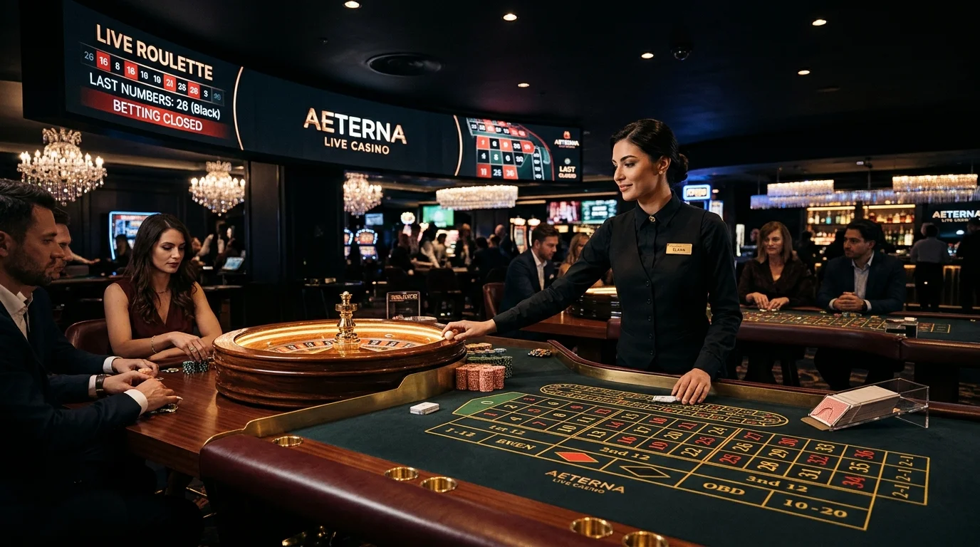 Meja live casino dengan dealer kartu dan roda roulette