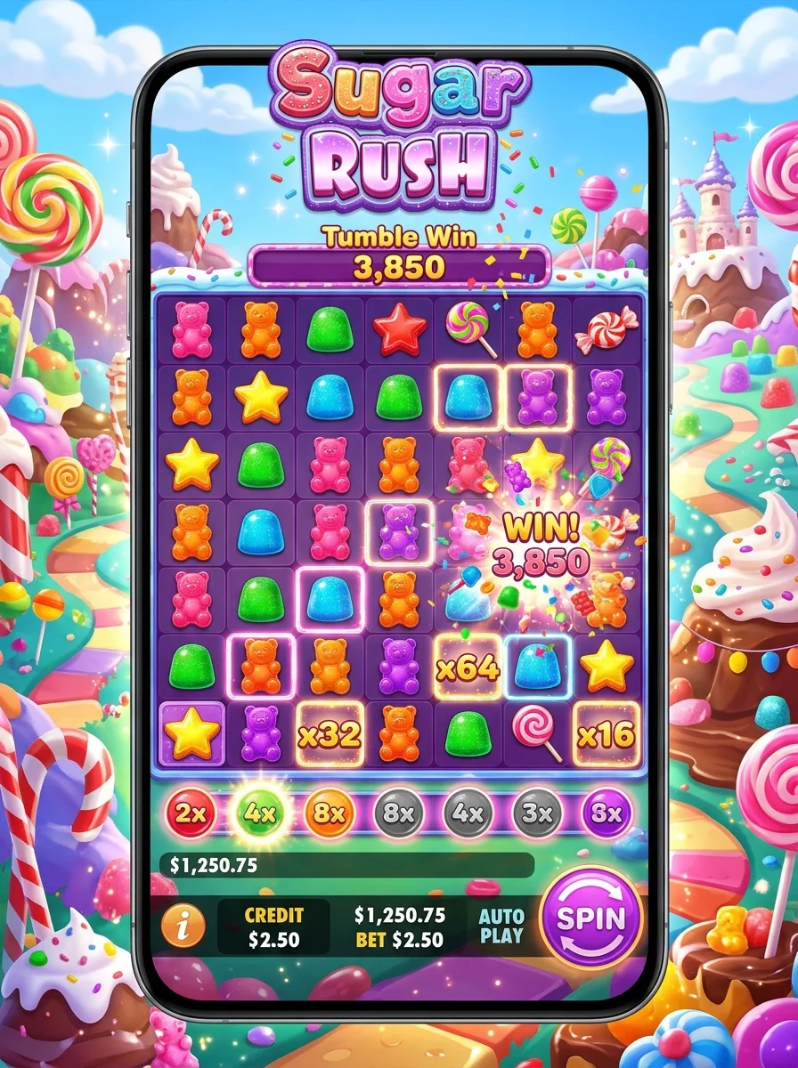 Permainan slot Sugar Rush dengan tema negeri permen ceria dan cerah