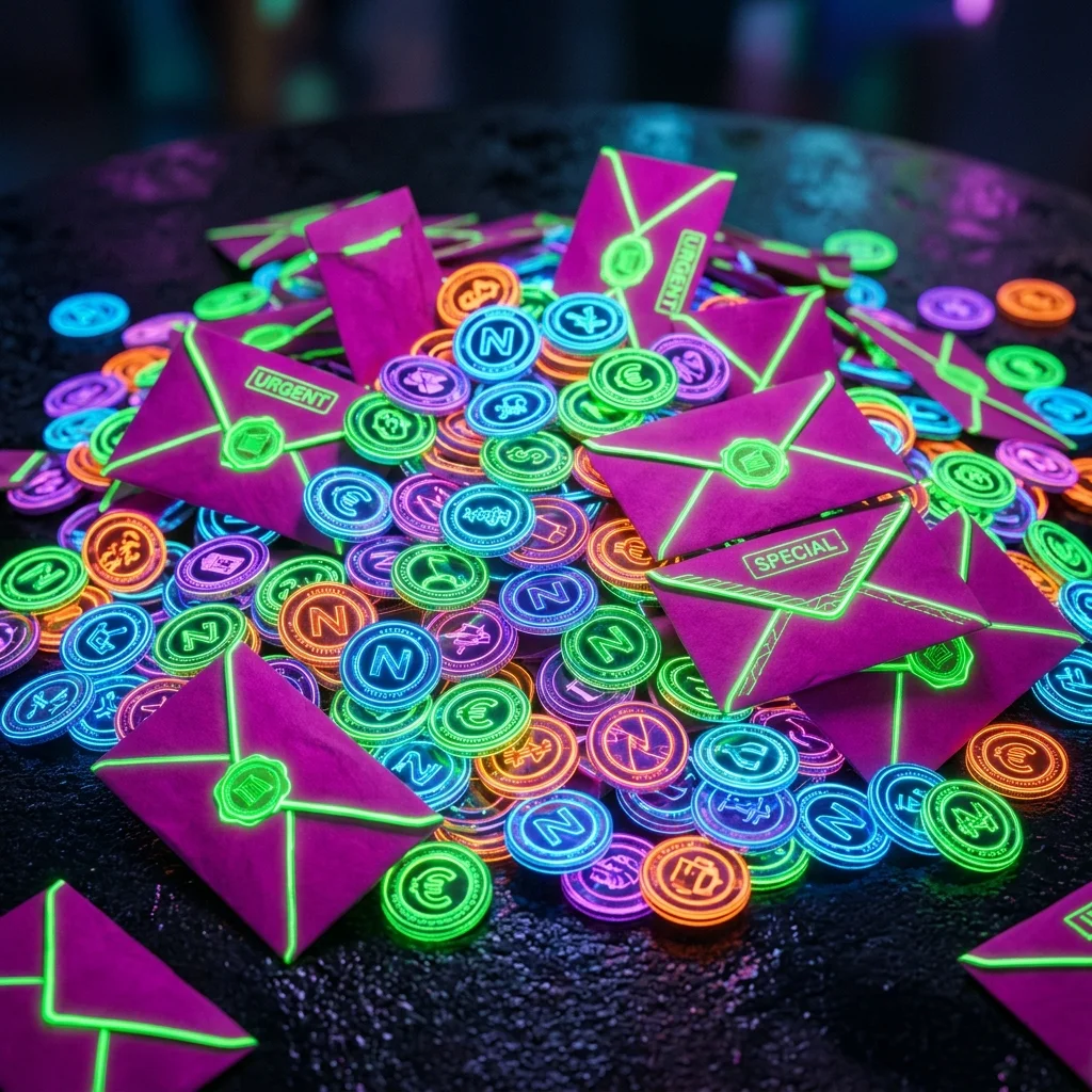 Produk Slot88 dengan koin neon dan amplop magenta
