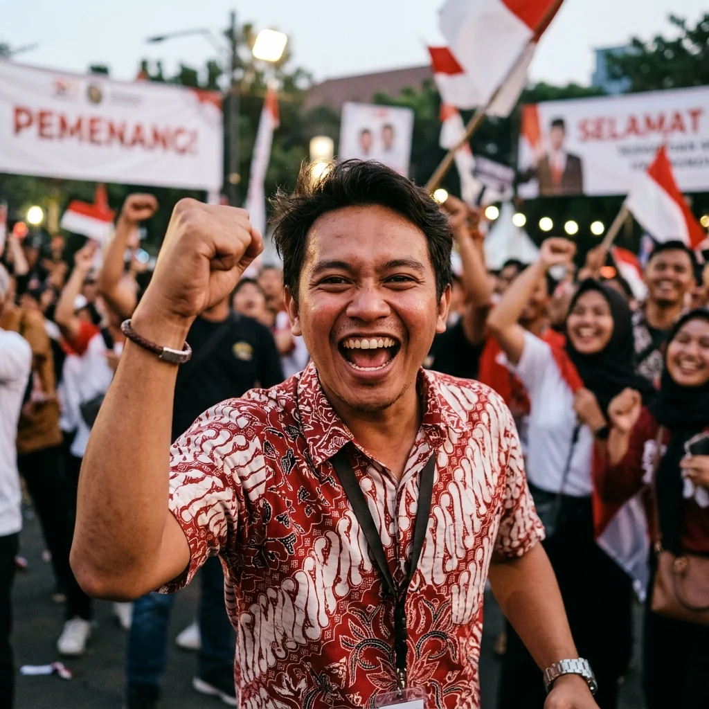 Foto testimoni member pria Indonesia merayakan kemenangan