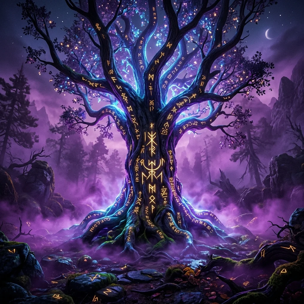 Produk YGGDrasil dengan pohon fantasi neon dan rune emas