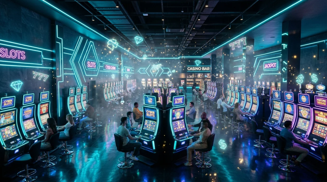 Lobi kasino online abilawa99 dengan mesin slot bercahaya neon biru