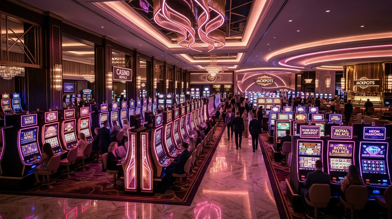 Suasana kasino online mewah alam128 dengan deretan mesin slot berwarna rose gold