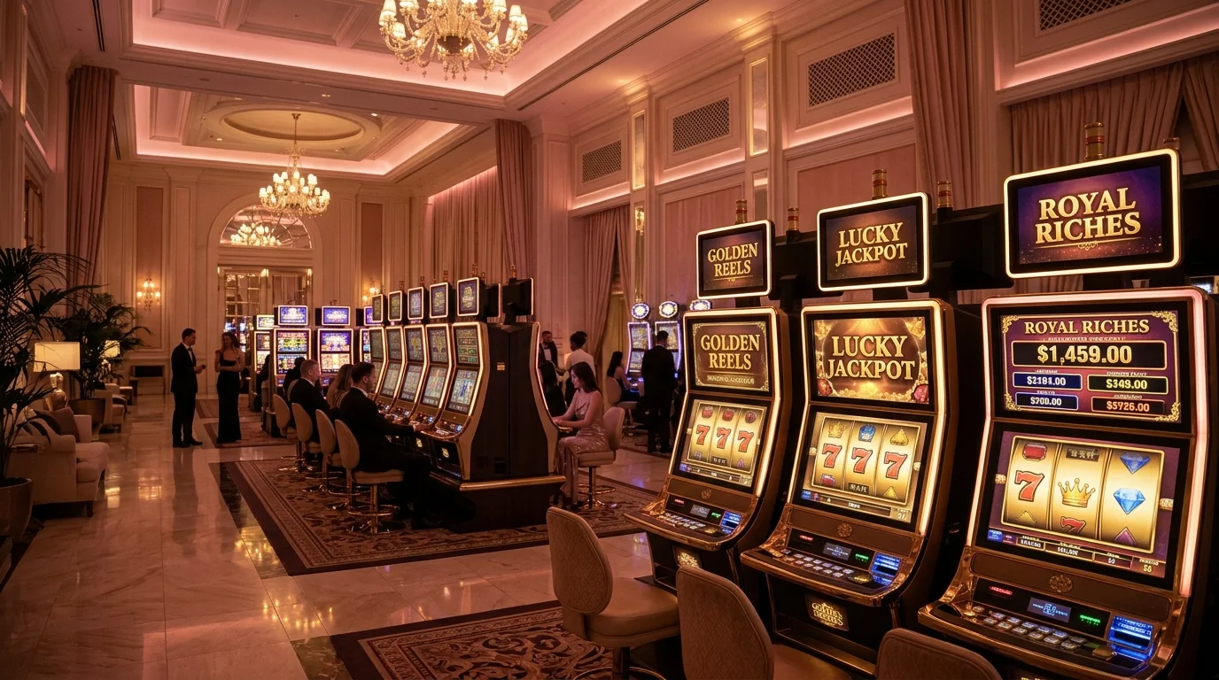 Suasana lobby kasino online mewah dengan mesin slot bergaya elegan dan pencahayaan pink lembut