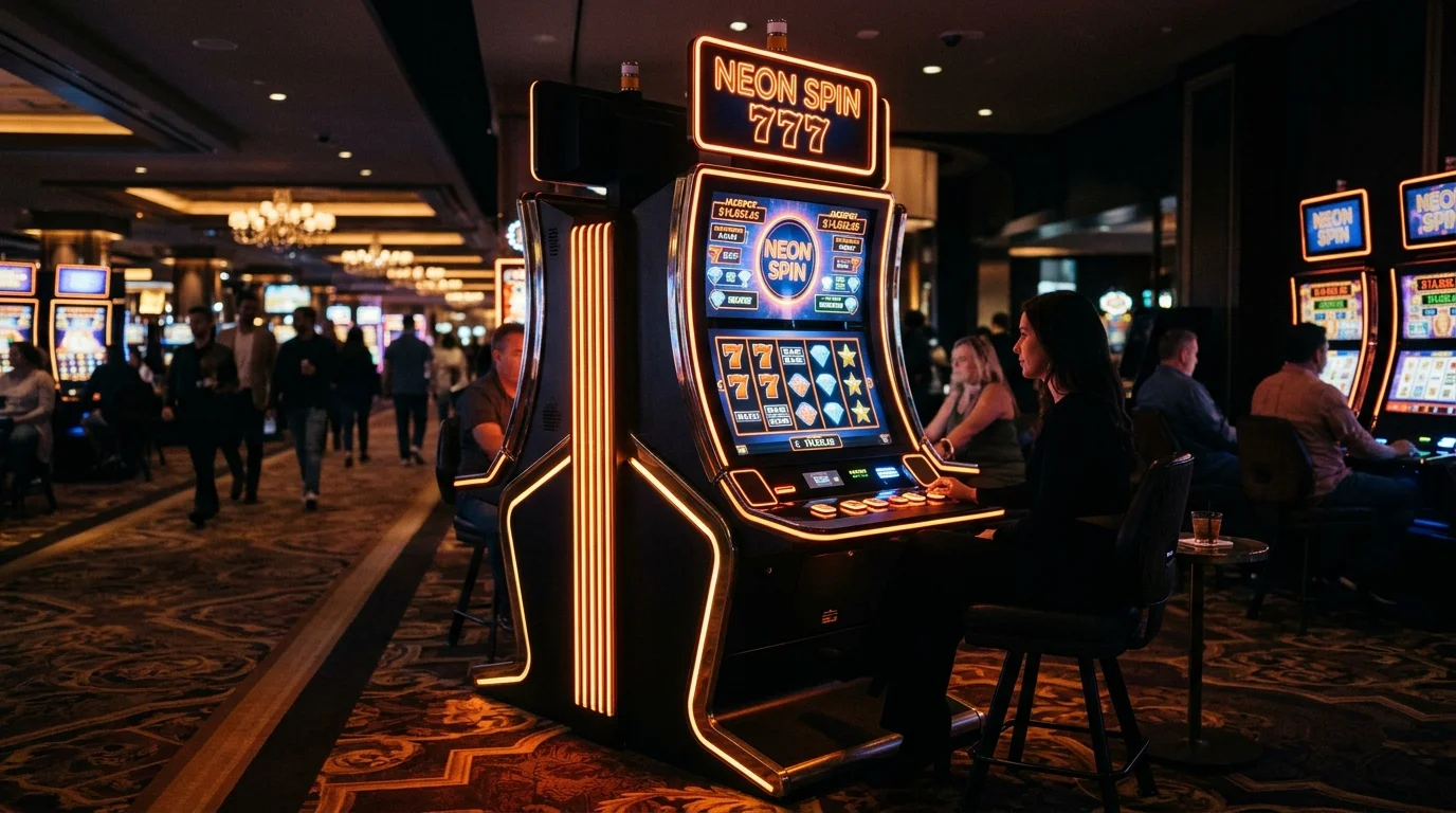 Mesin slot modern dengan lampu neon oranye