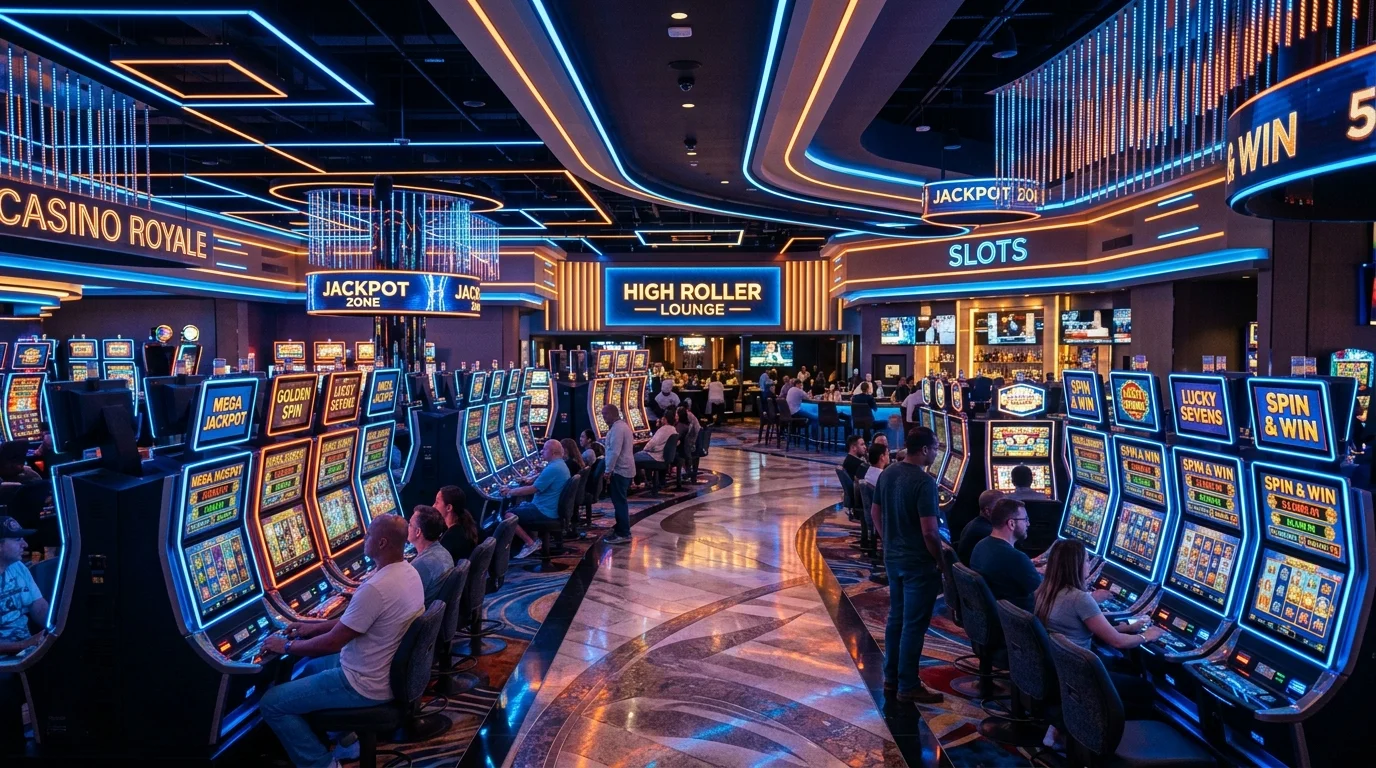 Lobby kasino online modern di lele189 dengan mesin slot penuh warna dan lampu neon biru oranye