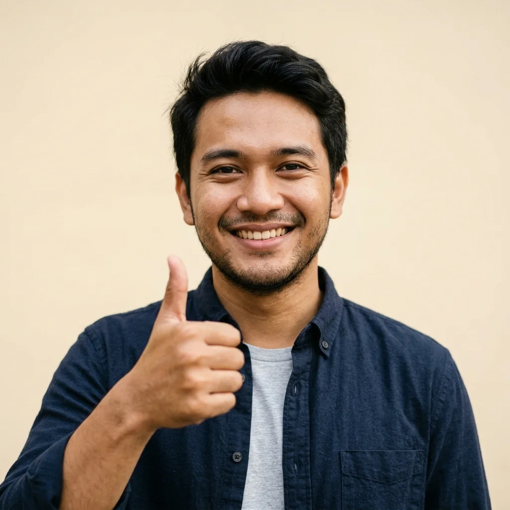 Foto testimoni member pria ceria bernama Andi