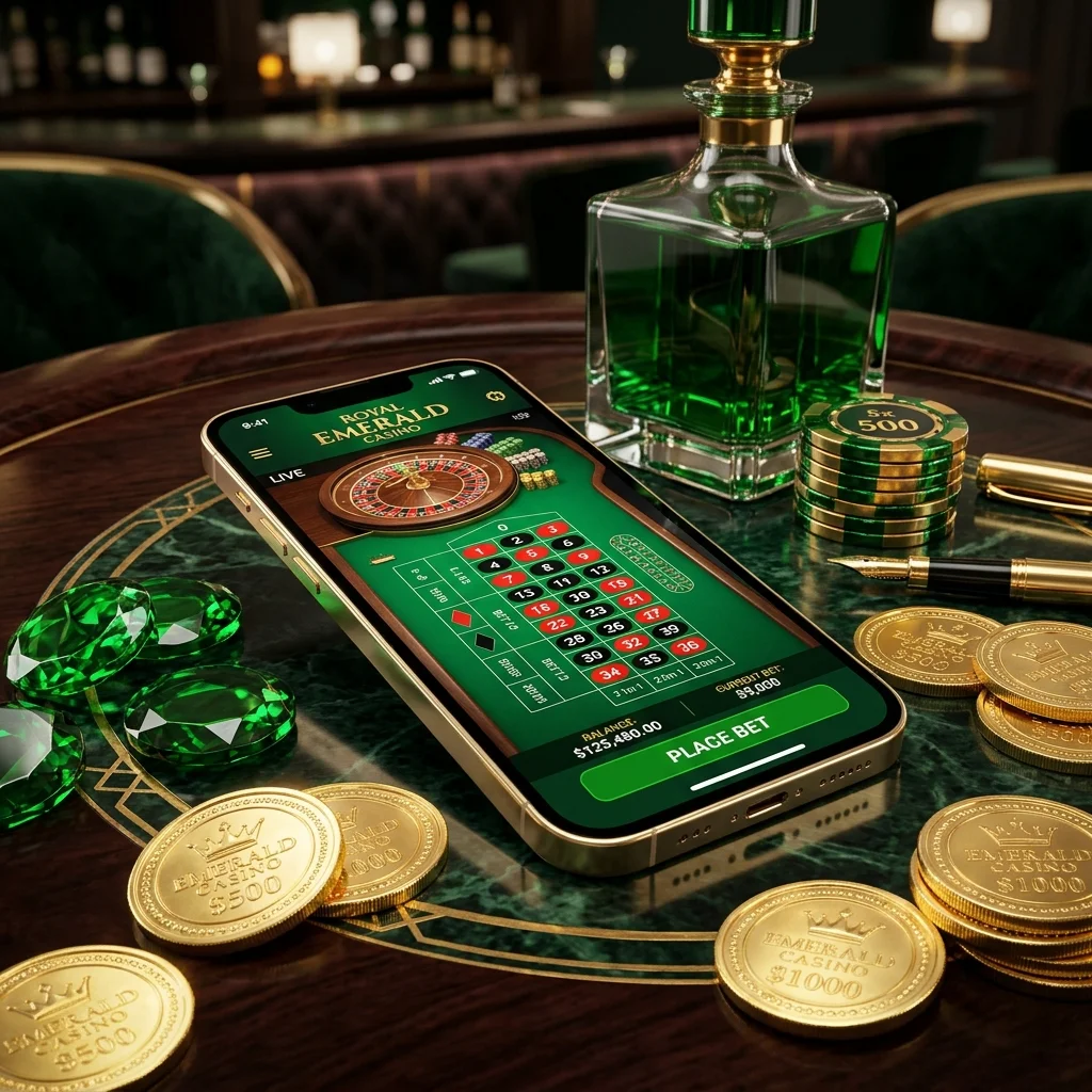 Kartu produk MicroGaming bergaya kaca emerald dan koin emas